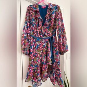 Betsey Johnson Blue Strawberry and Cherry Ruffled Wrapped-around dress.